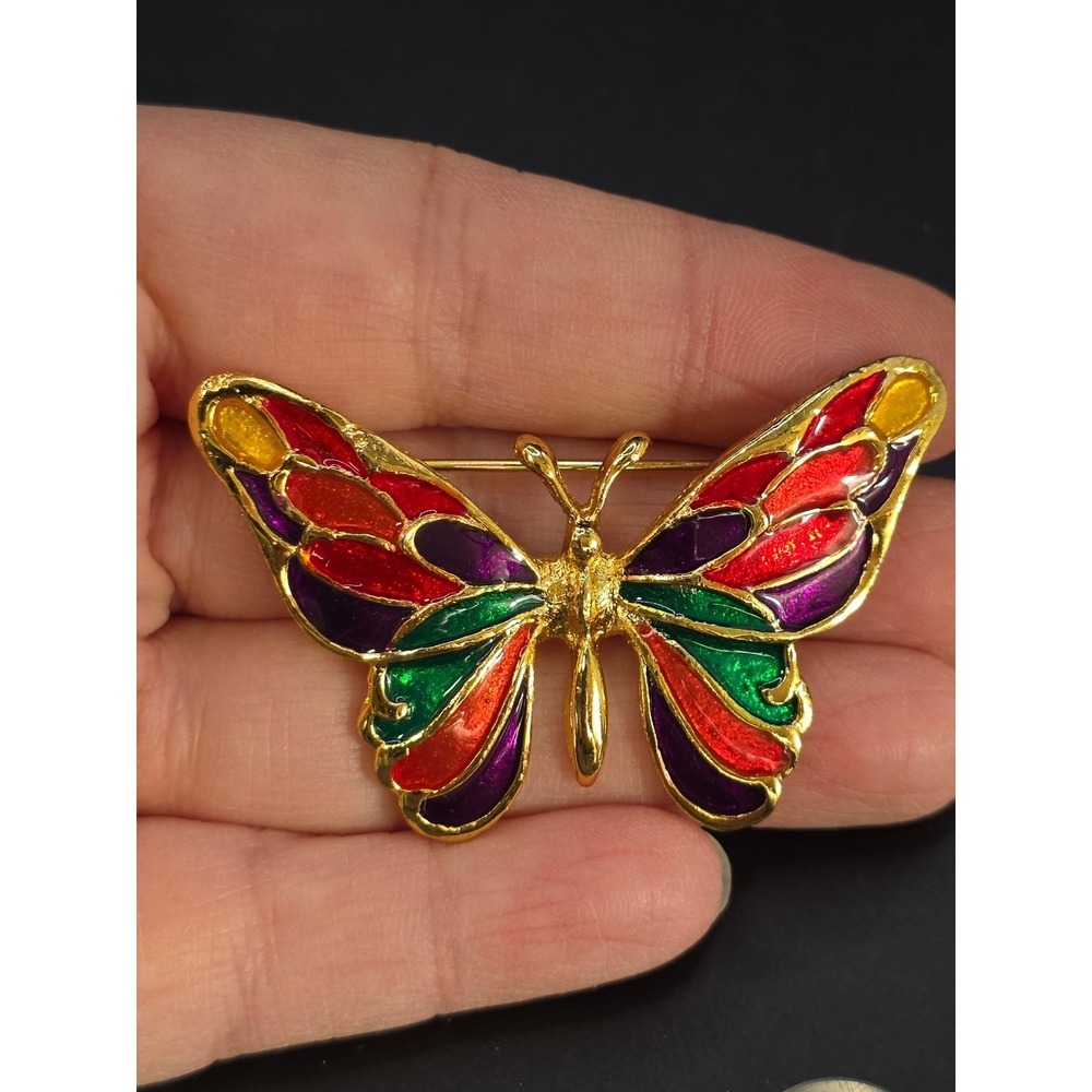 Gold‎ Tone Enamel Butterfly Brooch Pin 2.5" Stained Glass Look Multi-Color